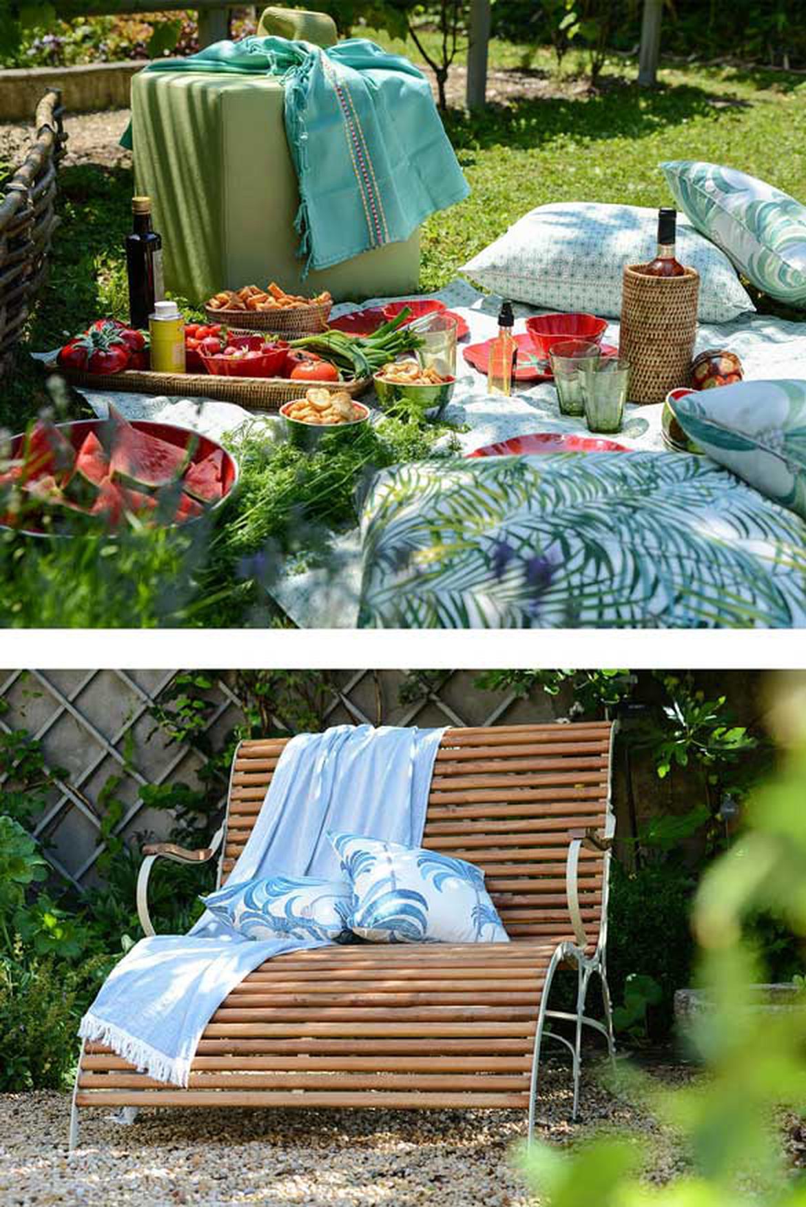 Décoration coussins avec motifs tropicale pour pic-nic au jardin